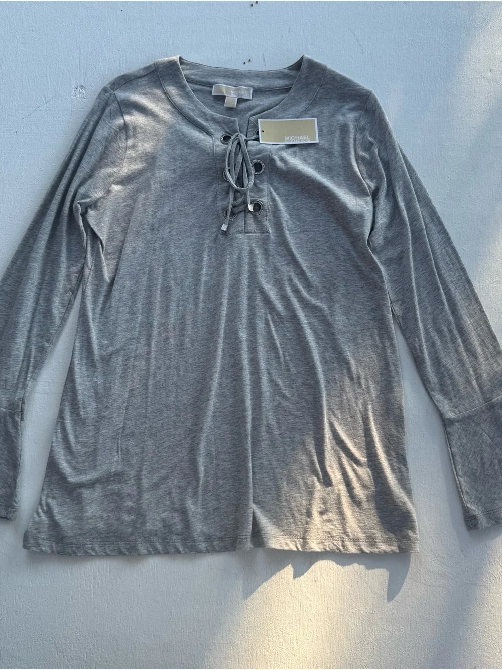 NWT Michael Kors Woman’s Grey Long Sleeve Lace Up Neck Flared Bell Sleeves Sz L